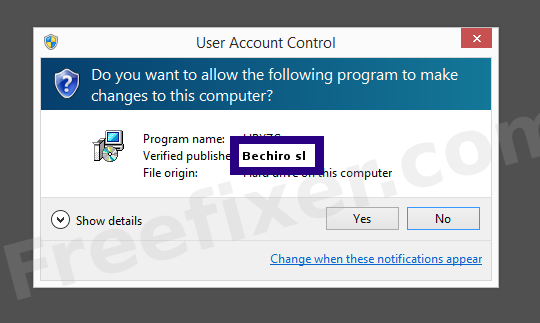 Screenshot where Bechiro sl appears as the verified publisher in the UAC dialog